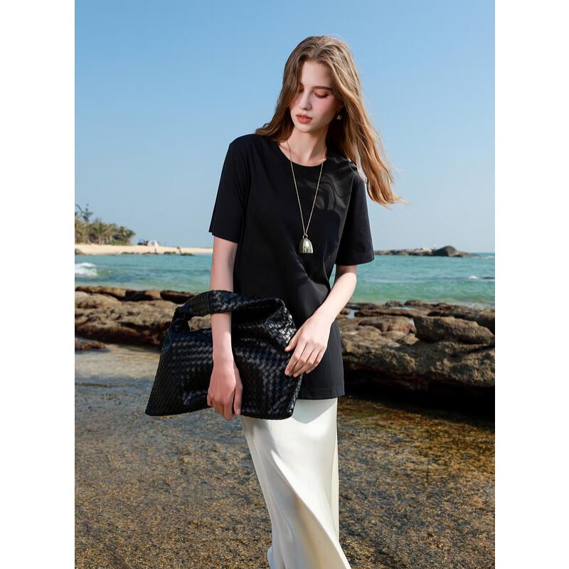 Sancai 2025 Spring Pima Cotton Loose Round Neck Slit T-Shirt S