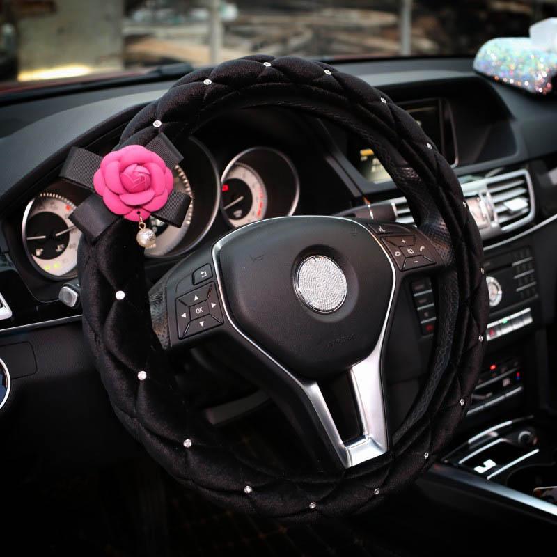 Rose Flower Women Car Steering Wheel Cover 37-38cm Universal Breathable Leather Anti-Slip Auto Steering Wheel Cover Interior
