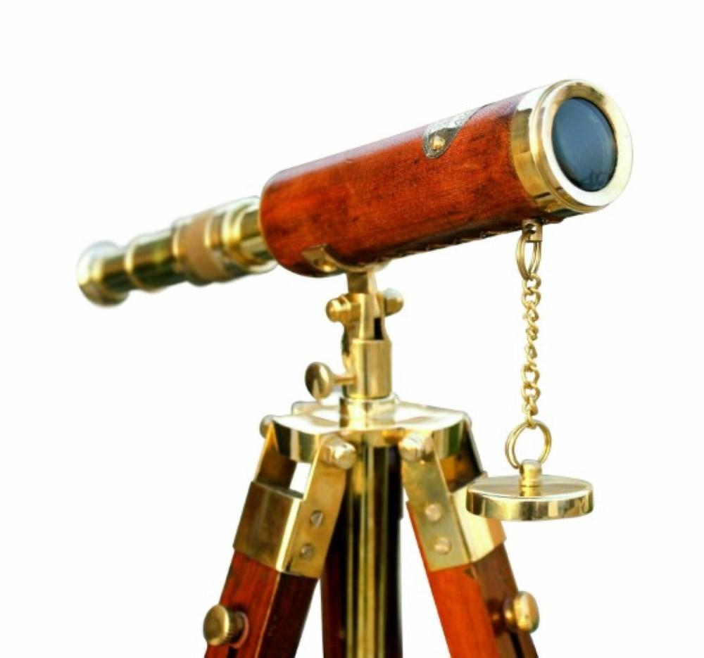 Telescopio in Ottone con Treppiede in Legno Marittimo Nautico Vintage Decorazione da Scrivania