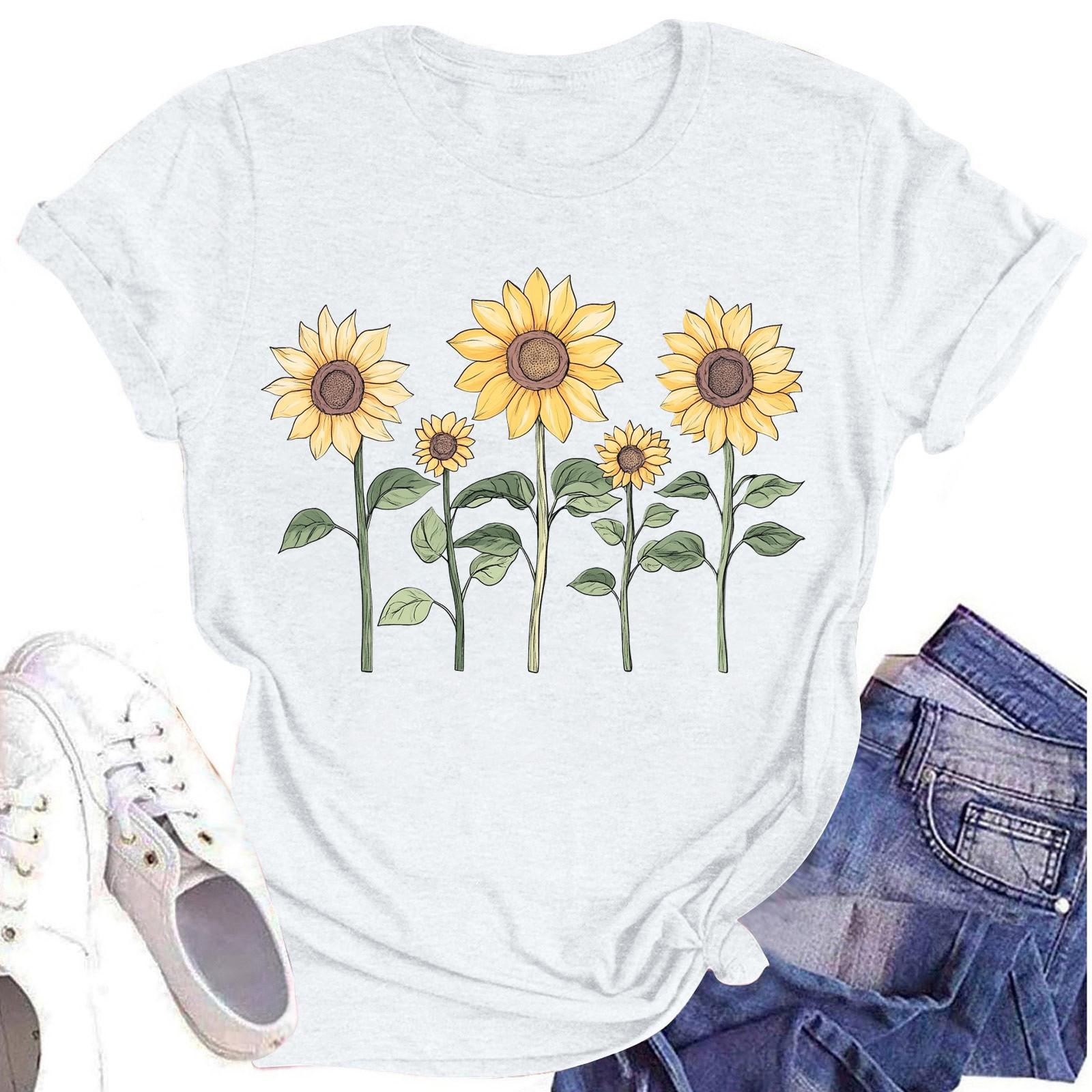 

Женская повседневная футболка с круглым вырезом и цветочным принтом, короткий рукав XL белый