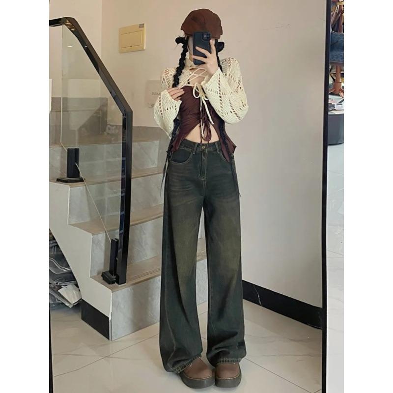Cement Gray Wide-leg Jeans Women's Spring New High-waisted Loose Niche Design Thin Versatile Straight-leg Pants