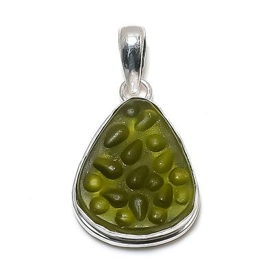 Natural Moldavite Quartz Gemstone 925 Sterling Silver Pendant 1.58" D6v19