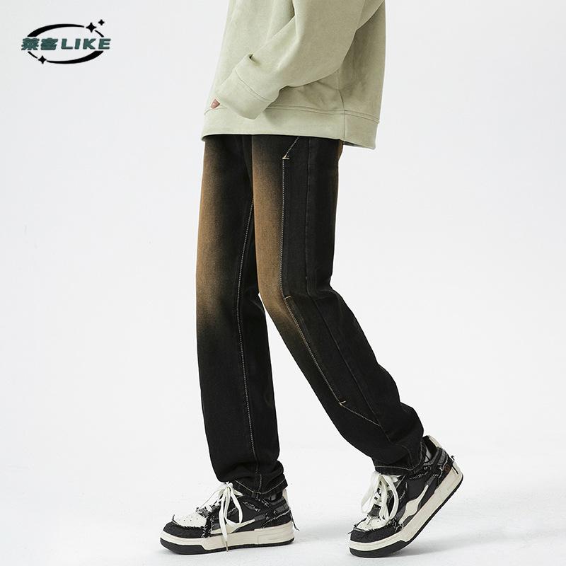 American Retro High Street Jeans Men'S Vibe Style Yellow Mud Dyed Washed Denim Pants Straight Tube Slimming Denim Pants