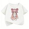 Japanese Anime Style Girl with Cat Design T Shirts Manga Kids Childrens Tshirt Boys Girls Summer Spring Casual Top Tee Shirt