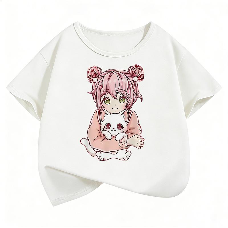 Japanese Anime Style Girl with Cat Design T Shirts Manga Kids Childrens Tshirt Boys Girls Summer Spring Casual Top Tee Shirt