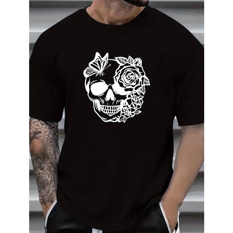 European Size Plus Size Men s Casual Skull Print T-Shirt | Knit Fabric | Loose Fit Crew Neck Tee | Breathable Slight Stretch | Casual Style S чёрный