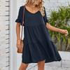 Women's Casual Fashion Summer V-Neck Dresses Color Short Sleeve Pleated Dresses
