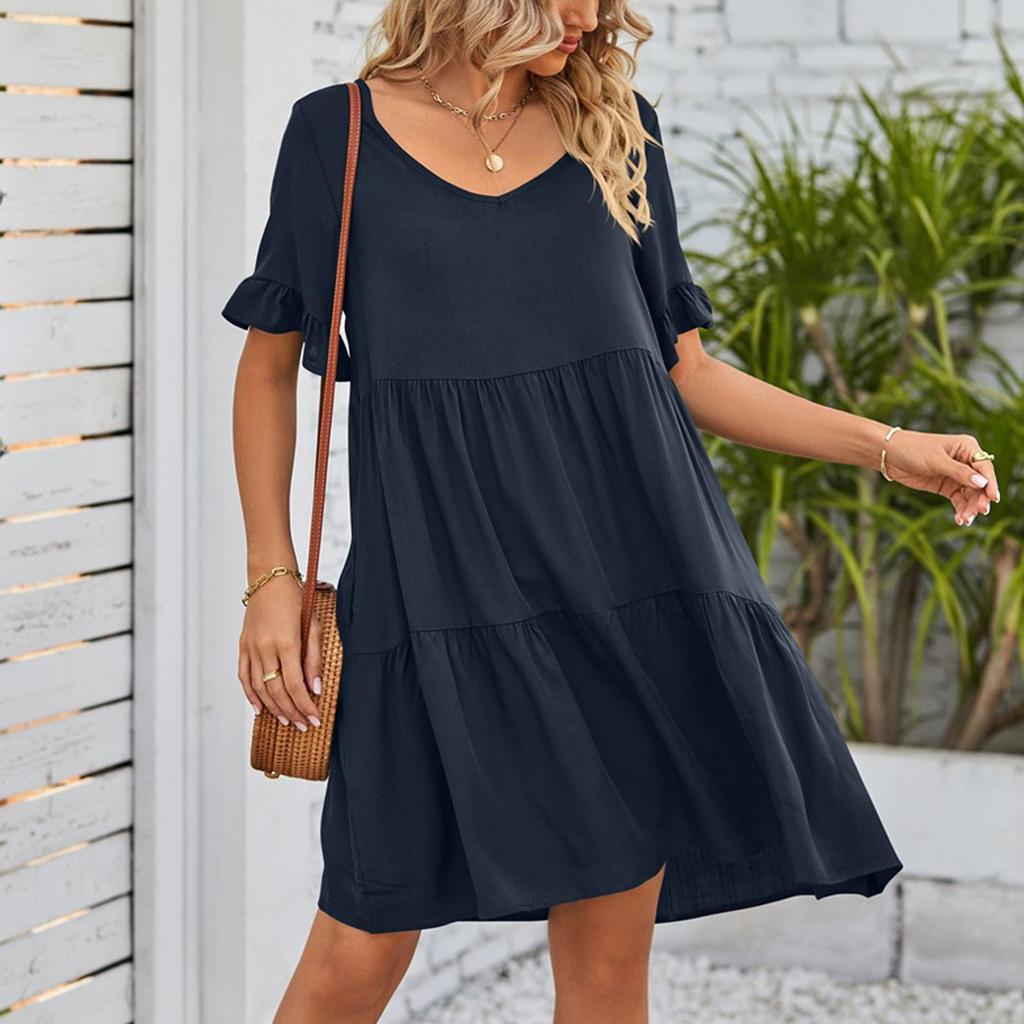 Women's Casual Fashion Summer V-Neck Dresses Color Short Sleeve Pleated Dresses