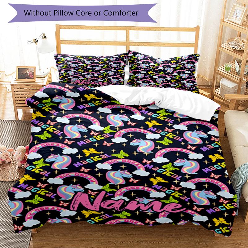 3pcs Custom Name Unicorn Bedding Set Duvet Cover Closure Includes 1 Duvet Cover & 2 Pillowcases, Soft and Comfortable for All Seasons.
