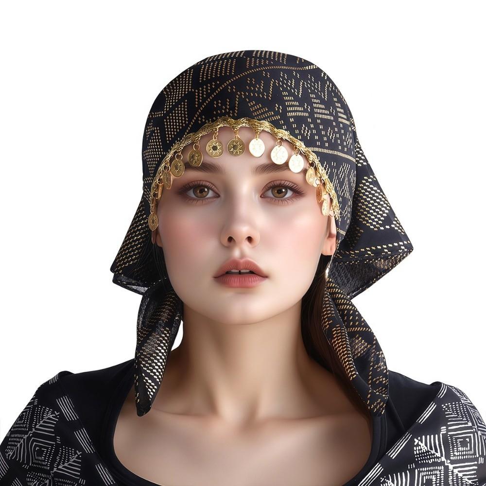 Floral Print Golden Beaded Hijab Breathable Elegant Turban Hat Fashion Triangle Headscarf Eid Gift