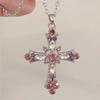 Pink Purple Crystal Cross Pendant Necklace Y2K Rhinestone Religious Jewelry for Women