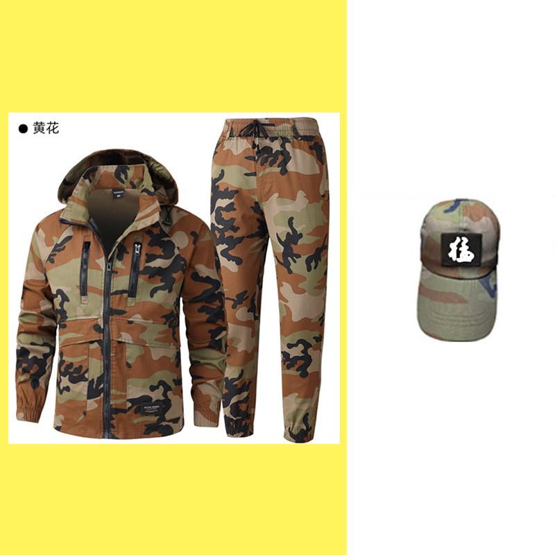Mens Outdoor Hiking Suit With Raglan Sleeves Detachable Hood Large Pockets Zippered Leg Camo Workwear