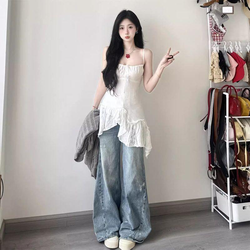

Light Color Retro Worn Wide Leg Denim Women s Summer New Arrival High Waist Loose and Slimming All-Matching Straight Mop Pants Blue pants 156-165 XL