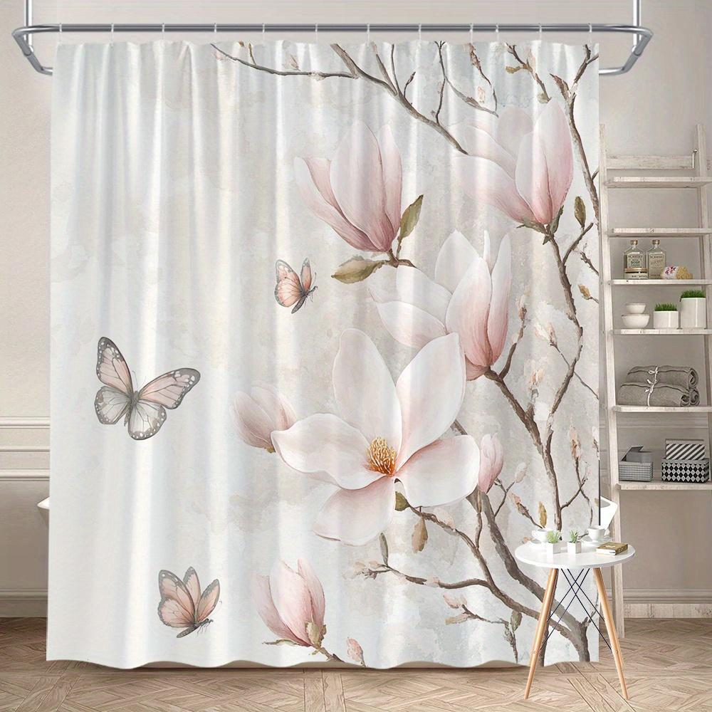 Magnolia Flower Shower Curtain Pink Butterflies Botanical Print Bathroom Decor Elegant Floral Design Waterproof Bath Curtain 90x180CM