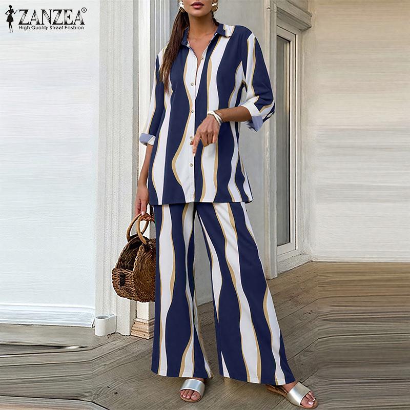 ZANZEA Women Long Sleeve Blouse and Pants Casual Print Two Piece Suit Sets