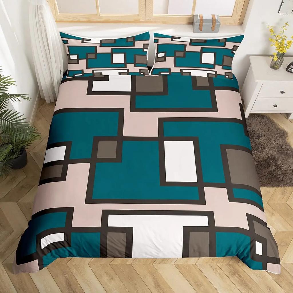 Geometric Squares Duvet Cover Set Red Beige Circle Bedding SetModern Simple Style Comforter CoverAbstract Art Quilt Cover King