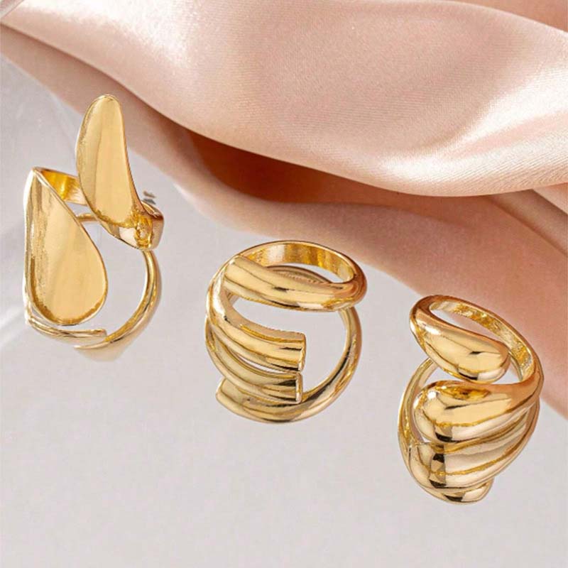 3Pcs/Set Vintage Gold Color Water Drop Rings for Women Fashion Creative Metal Smooth Geometric Adjustable Open Ring Zircon