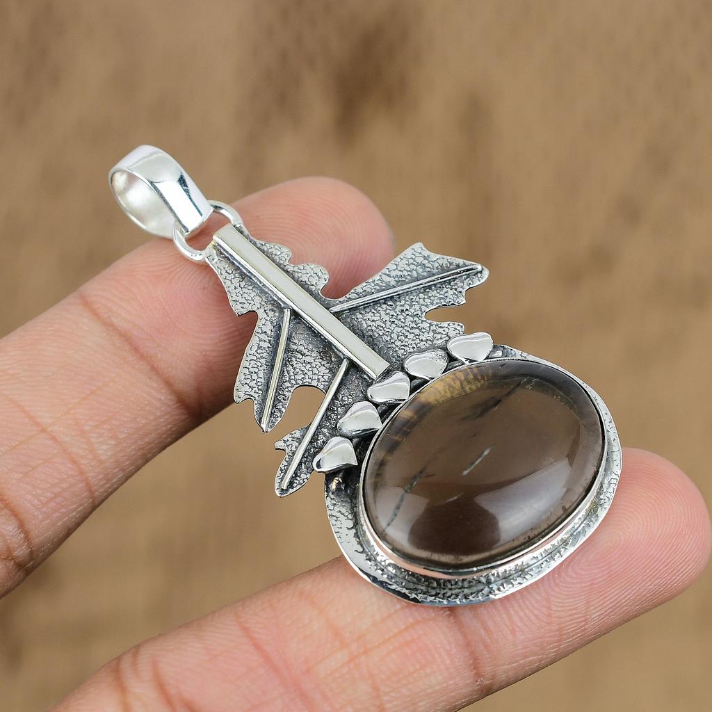 925 Sterling Silver Smokey Quartz Stone Root Chakra Wedding Boho Pendant Jewelry