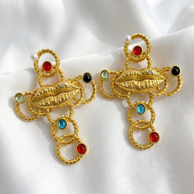 French retro unique colored gemstone cross lip earrings femininity high sense exaggerated stud earrings