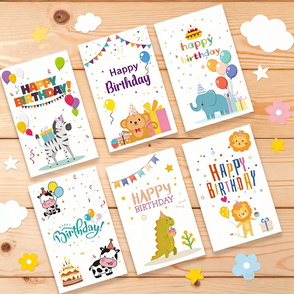 6 Cards+6 Envelopes Birthday Greeting Cards English Blessings Small Cards Party Decoration Cards with Envelopes