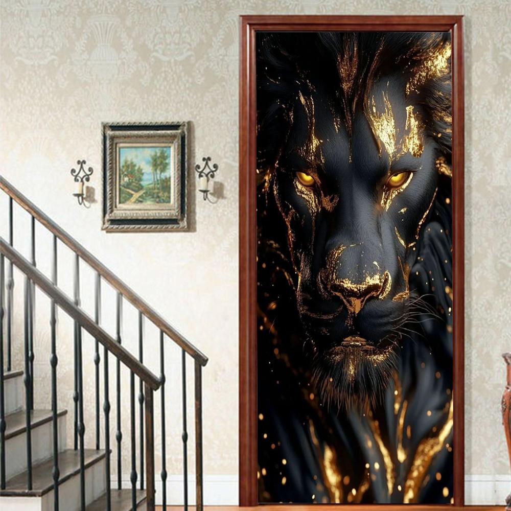 Pegatinas para puerta con diseño de león, realistas, despegables y pegables, para niños, decoración estética para sala de estar.