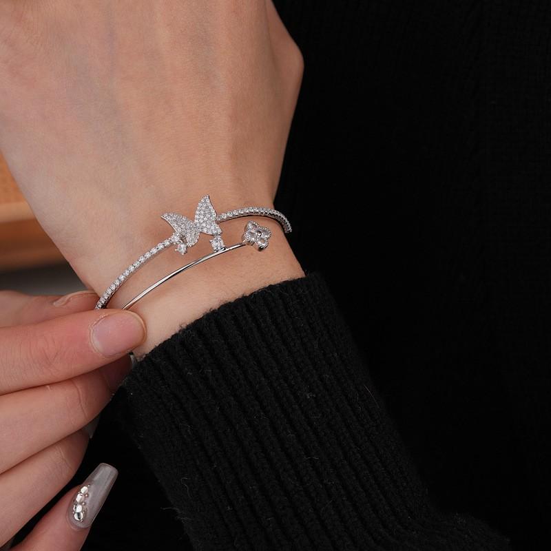 Elegant Double-Layer Open Cuff Bracelet With Zircon Butterfly Floral Design Women Gold Tone Copper Alloy Jewelry