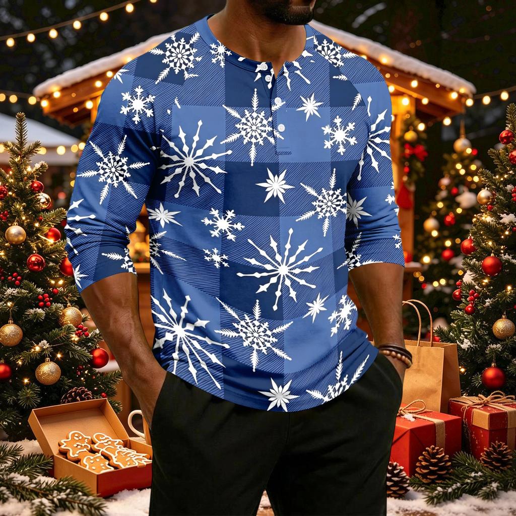 Men's Casual Shirt with Raglan Three-Quarter Length Sleeves Christmas Print Pullover