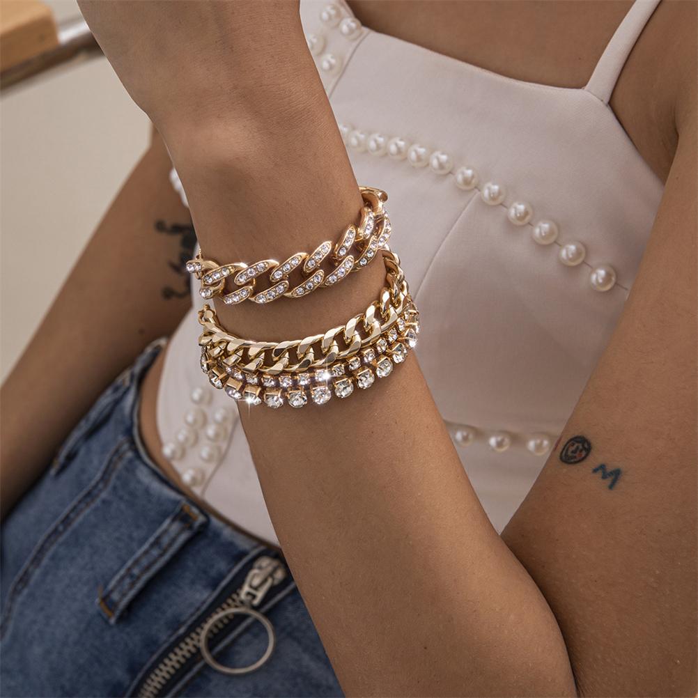 Hip Hop Thick Chain Bracelets Set for Women Shiny Rhinestone Bracelet Hand Chain Crystal Bracelet