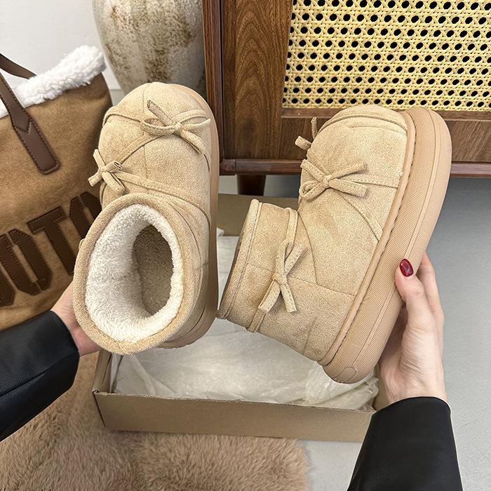 Retro Platform Snow Boots Women's 2025 Autumn and Winter New Niche Bow Cotton Shoes Velvet Non-slip Short Boots