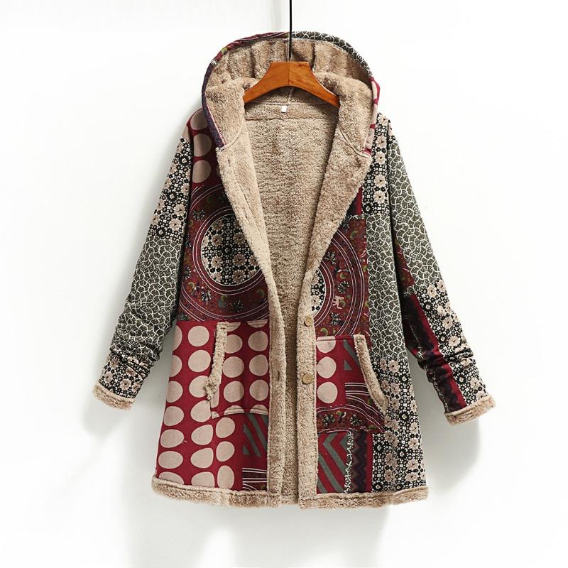 Ladies Commuter Coat Cotton Double-sided Loose Top Winter Warm Fashion Ethnic Style Printed Hooded Coat