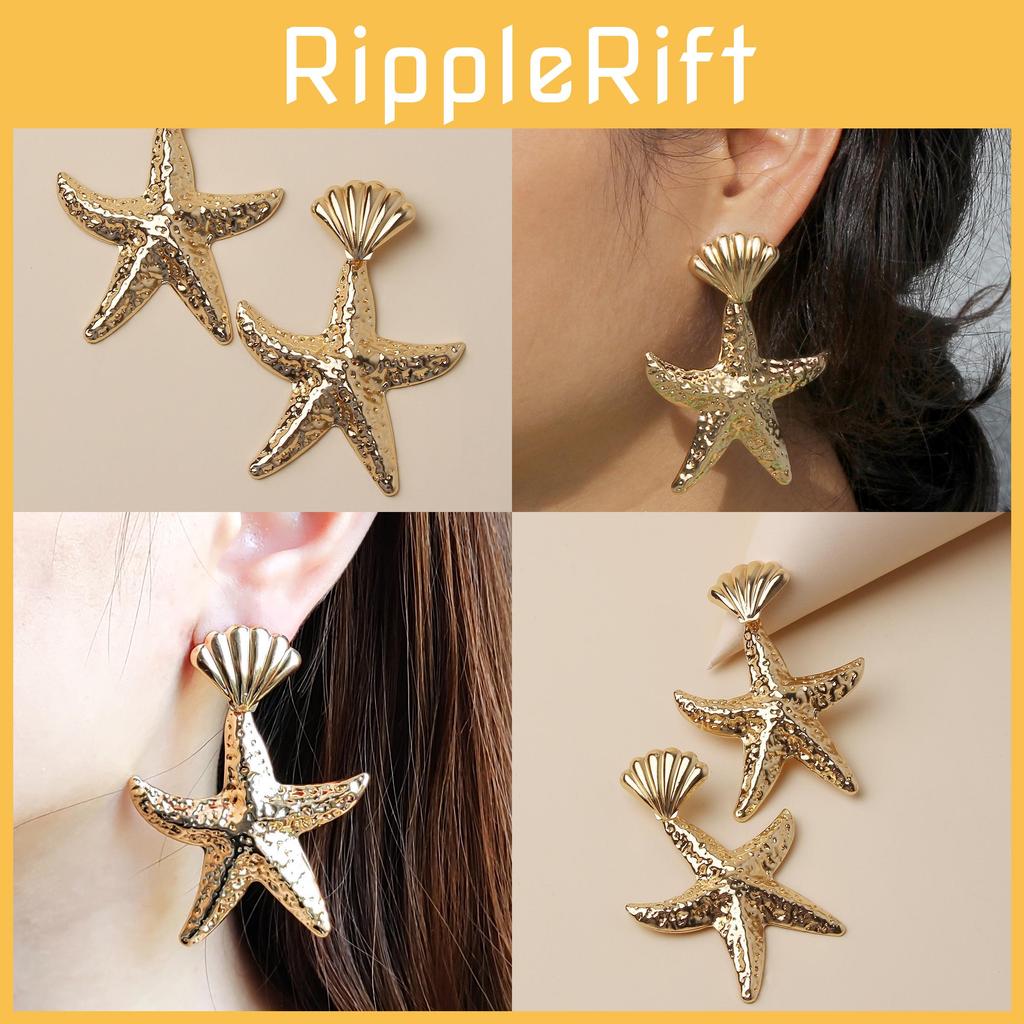 Fashionable Shell Gold Starfish Design Women Metal Earrings For Summer Beach
