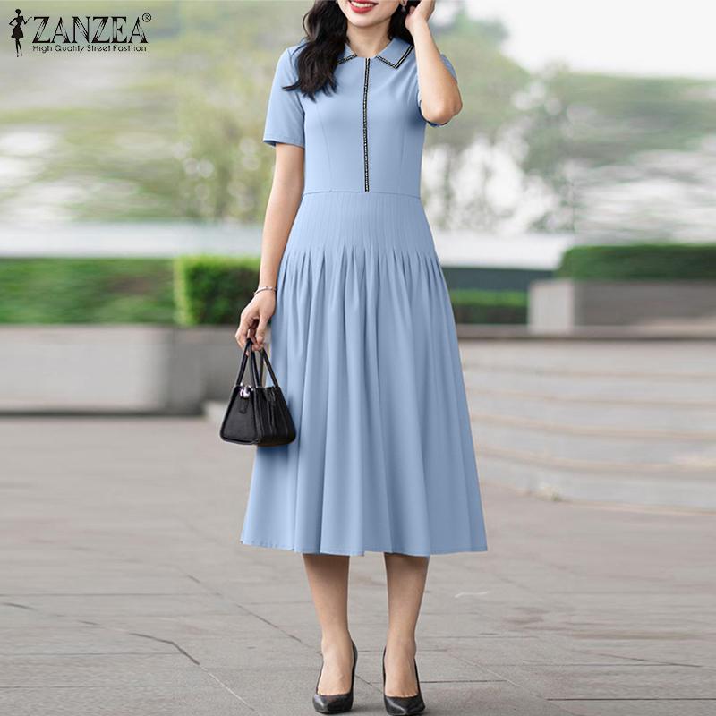 ZANZEA Women Elegant Doll Collar Casual Short Sleeve Dress