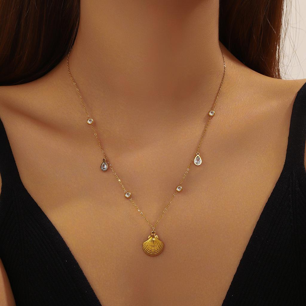 DIEYURO 316L Stainless Steel Golden Zircon Sun Flower Shell Pendant Necklace Lady New Fashion Neck Chain Jewelry Party Gift
