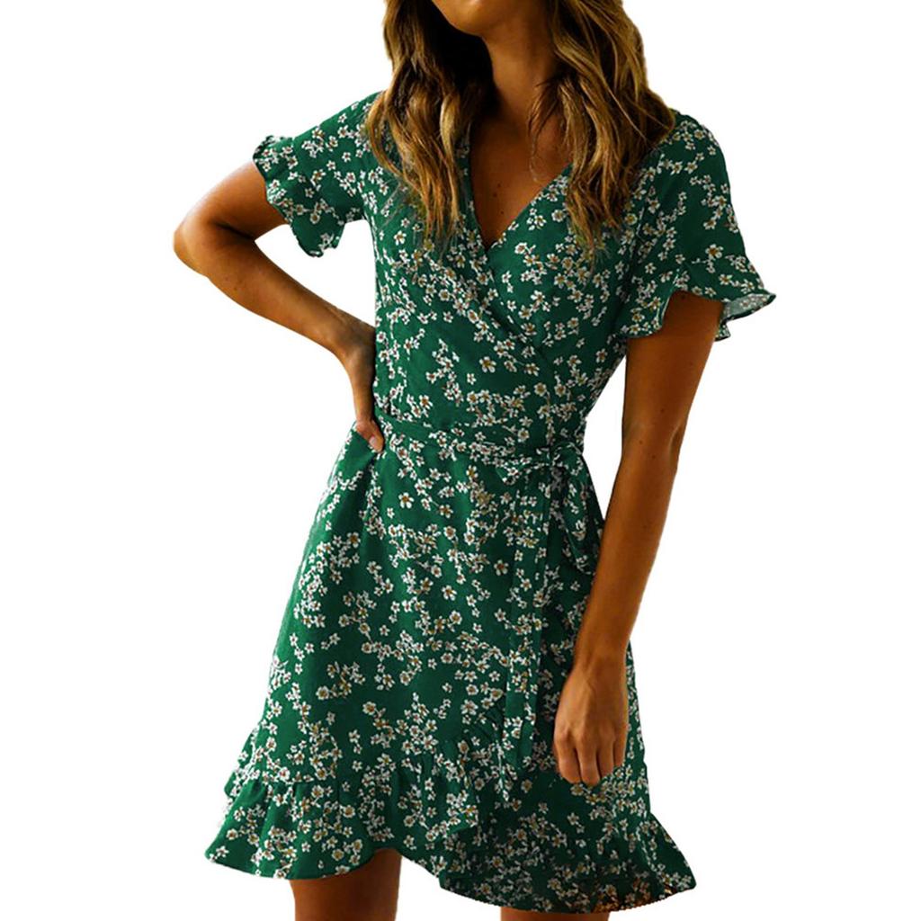 Women's Ladies Floral Print Short Sleeve V-neck Bandage Dress