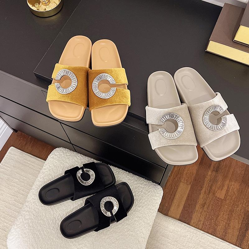 2025 New Rhinestone Flat Sandals Velvet Women's Shoes Fashion Versatile Casual Word with Sandals Beach Cool