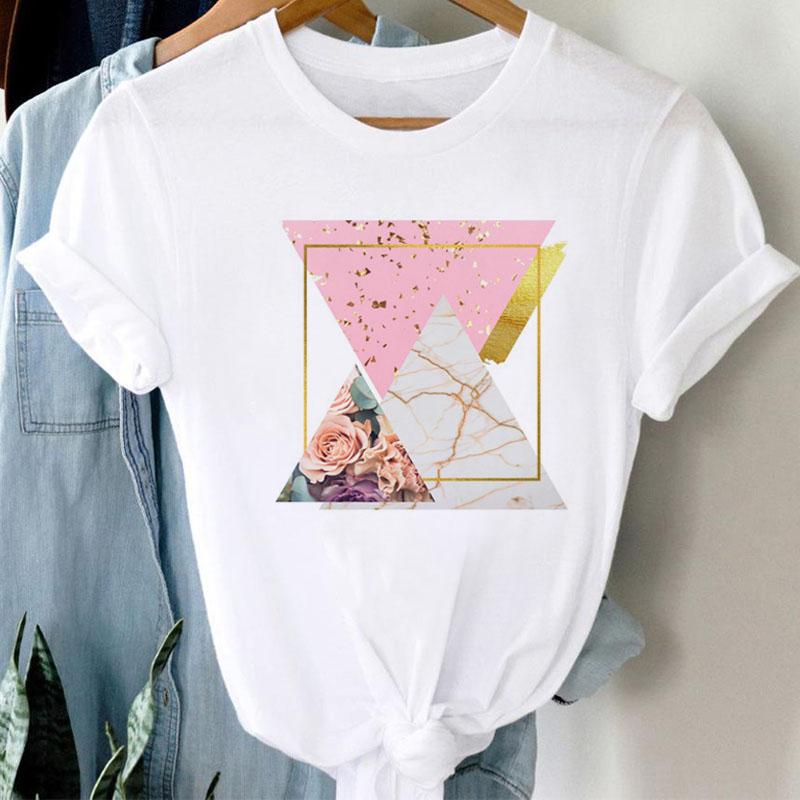 Neues Damen T-Shirt Mode Schwarz Tops Floral Geometrischer Druck T-Shirt Weiblich Lässig Kurzarm O-Ausschnitt T-Shirt Tops Kleidung