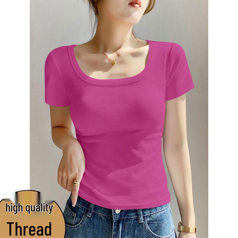 

2026 Trendy Anti-Pilling Square Neck Plus Size Short Sleeve Ribbed Top L (95-110 lbs) розы красного