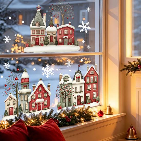 Weihnachts-Fenstersticker Statische Aufkleber, Verschneite Stadthäuser Schneeflocken Glasaufkleber, Wiederverwendbare Klebefreie Adsorption Weihnachten Aufkleber, Feiertagsdekoration für