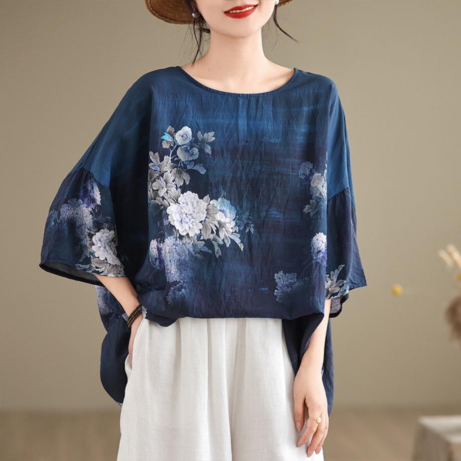 

Летняя блузка из конопли и хлопка в этническом стиле с рукавами летучая мышь, свободная, оверсайз, с круглым вырезом, повседневная, удобная для женщин one size темно-синий