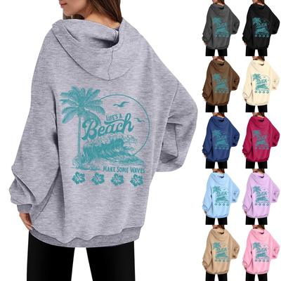 A BEACH MAKE SOME WAVES Women's Round Neck Long Sleeve Fashion Printed Top Hooded Sweatshirt