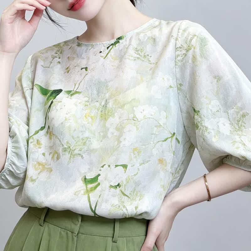 Women's Mulberry Silk Hibiscus Print 3/4 Sleeve Blouse