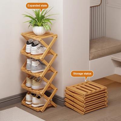 Houten Opvouwbaar Schoenenrek Geen Montage 2/3/4/5/6/7 Lagen Bamboe Hoek Schoenenrek Hal Entree Kleine Ruimte Schoenen Organizer Plank