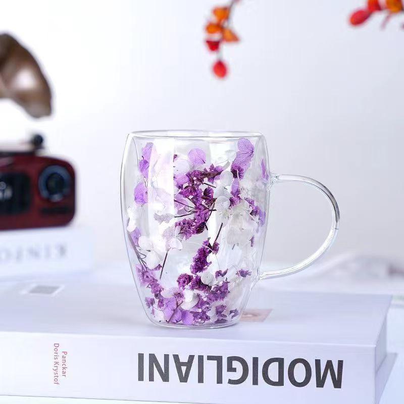 Double Wall Borosilicate Glass Cup with Handle, Flowing and Dried Flower Design, 16oz Purple for Hot and Cold Beverages