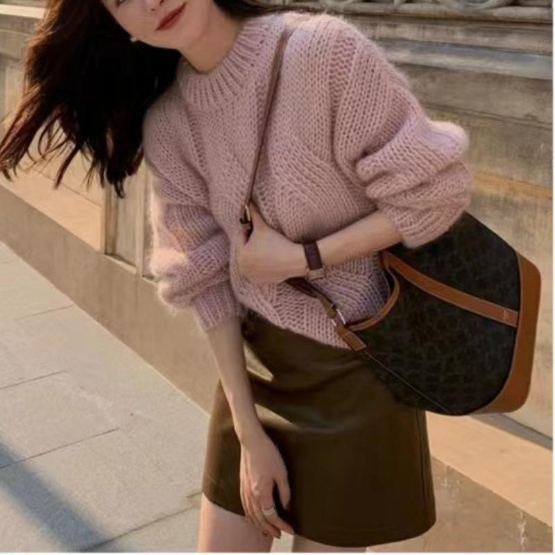 

Ленивый свитер с косами женский зимний нежный топ с длинными рукавами свободный и тонкий пуловер с круглым вырезом вязаная базовая рубашка average size