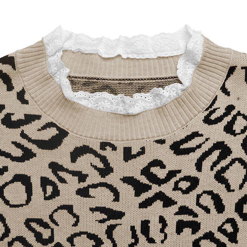 2026 Autumn/Winter Retro Loose Leopard Print Lace Patchwork Knit Sweater for Women