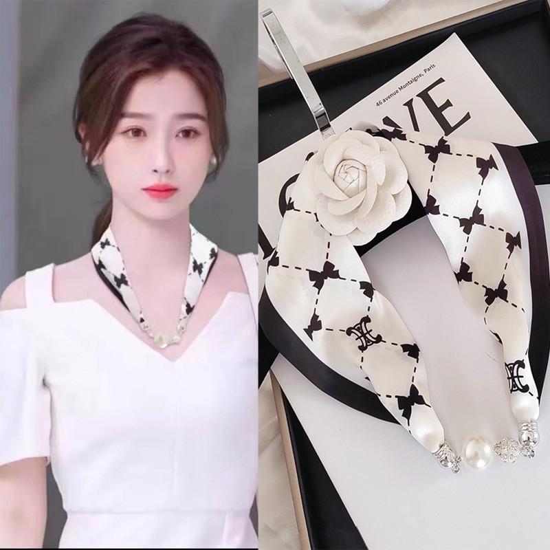 New Luxury Design Magnetic Pearls Button Silk Scarf Women Summer Neck Ornament Silk Scarves Lady Shirt Sunscreen Decoration Gift