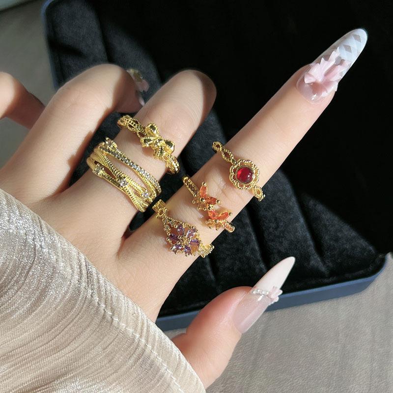 Retro Court Style Stacked Wearing Light Luxury Bow Open Ring Female Red Luan Golden Qi Flower Temperament Niche Index Finger Ring