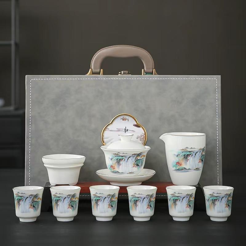Chaxun Mutton Fat Jade Landscape Tea Set
