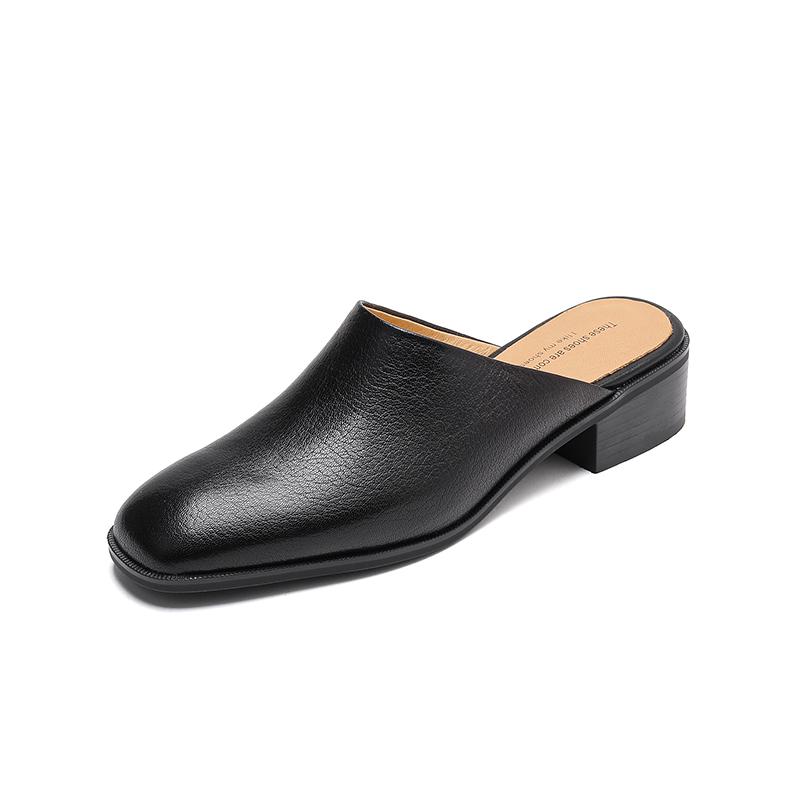 

Мода 2025 Лето Женская обувь Натуральная кожа Круглый носок Женские сандалии Однотонные Современные сандалии для женщин Массивный каблук Женские мюли 34 чёрный