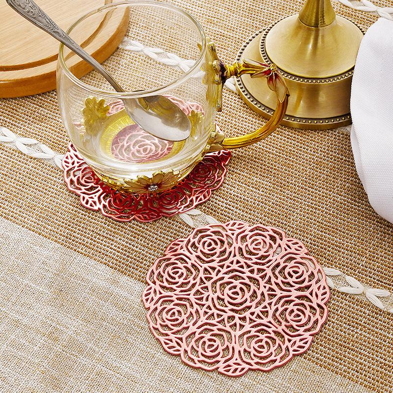 1pc Cocktail Coasters, Round Rose Hollow Coasters, Washable, Easy To Clean, Non-Slip, Heat-Resistant Suitable For Dining Table Decor, Home Decor